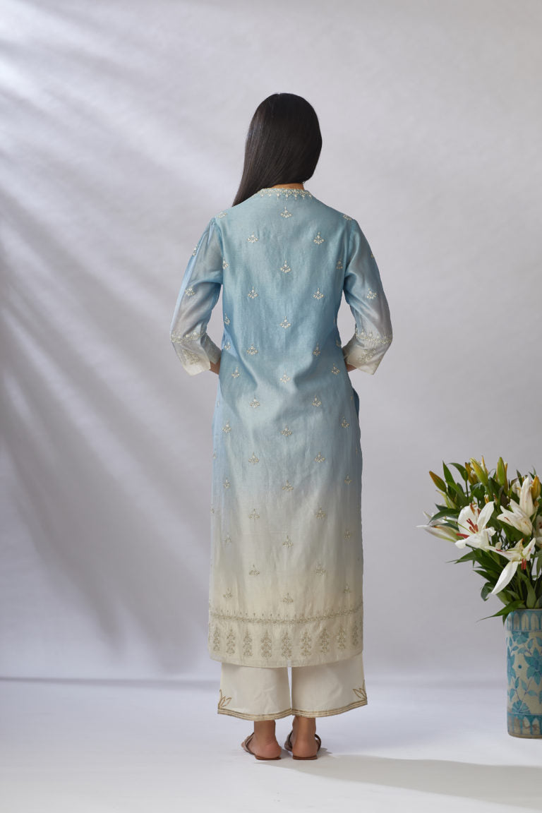 Blue ombre dyed straight kurta set, detailed with floral thread and zari embroidery