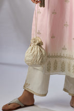 Pink ombre dyed straight kurta set, detailed with floral thread and zari embroidery