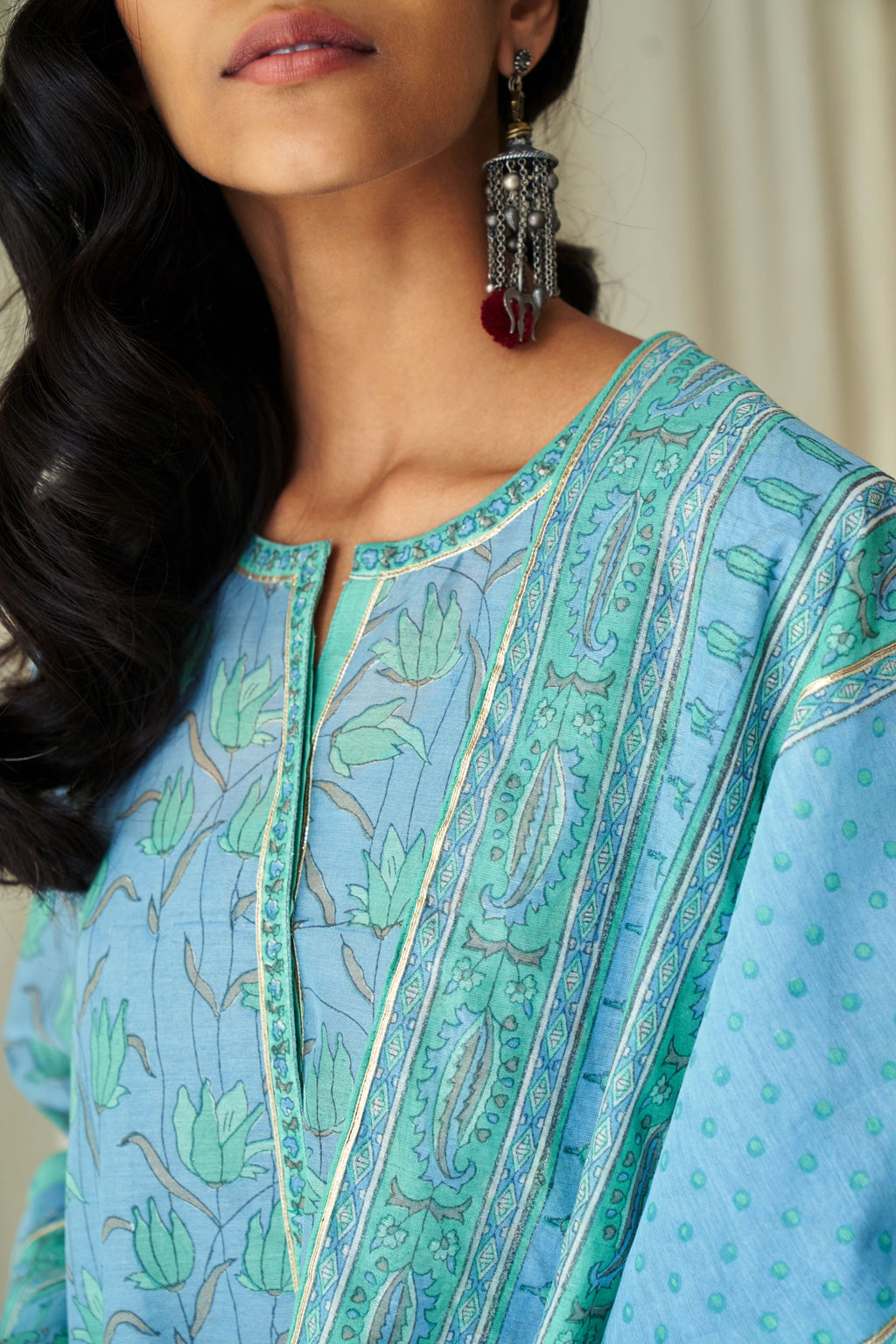 Blue and persian hand block printed cotton chanderi dupatta with silver gota detailing at edges.