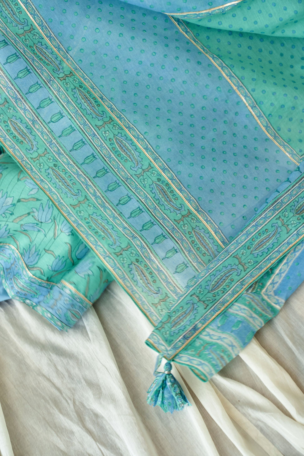 Blue and persian hand block printed cotton chanderi dupatta with silver gota detailing at edges.