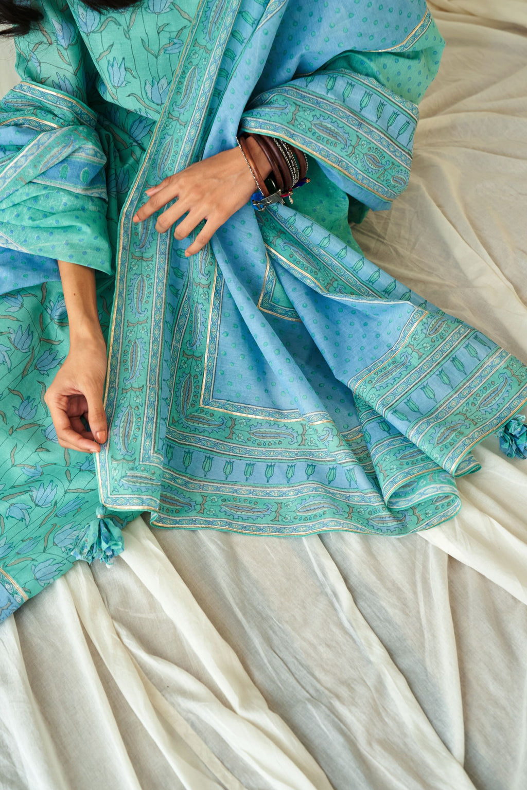 Blue and persian hand block printed cotton chanderi dupatta with silver gota detailing at edges.