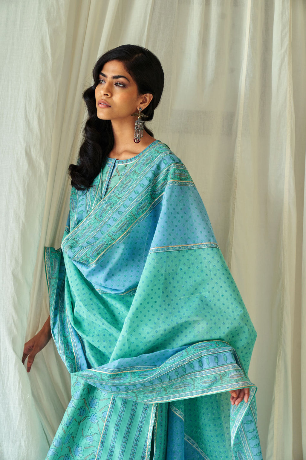 Blue and persian hand block printed cotton chanderi dupatta with silver gota detailing at edges.