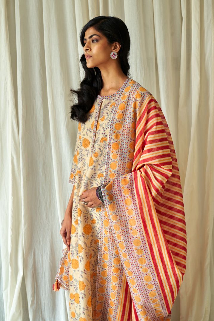 Red and yellow hand block printed cotton chanderi dupatta.