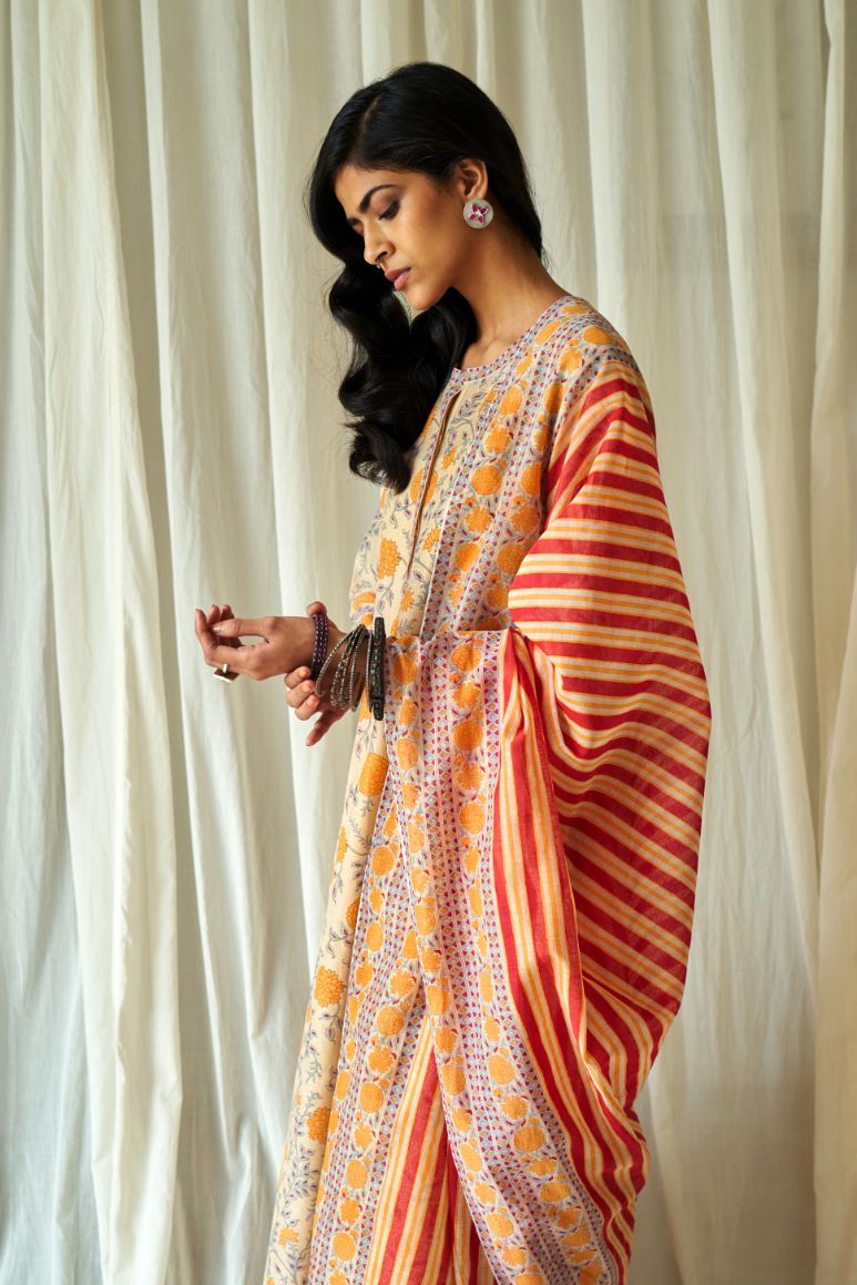 Red and yellow hand block printed cotton chanderi dupatta.