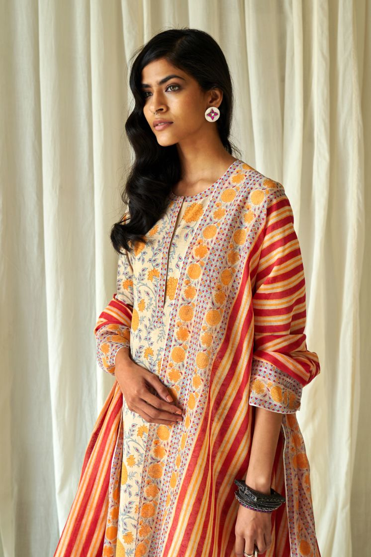Red and yellow hand block printed cotton chanderi dupatta.