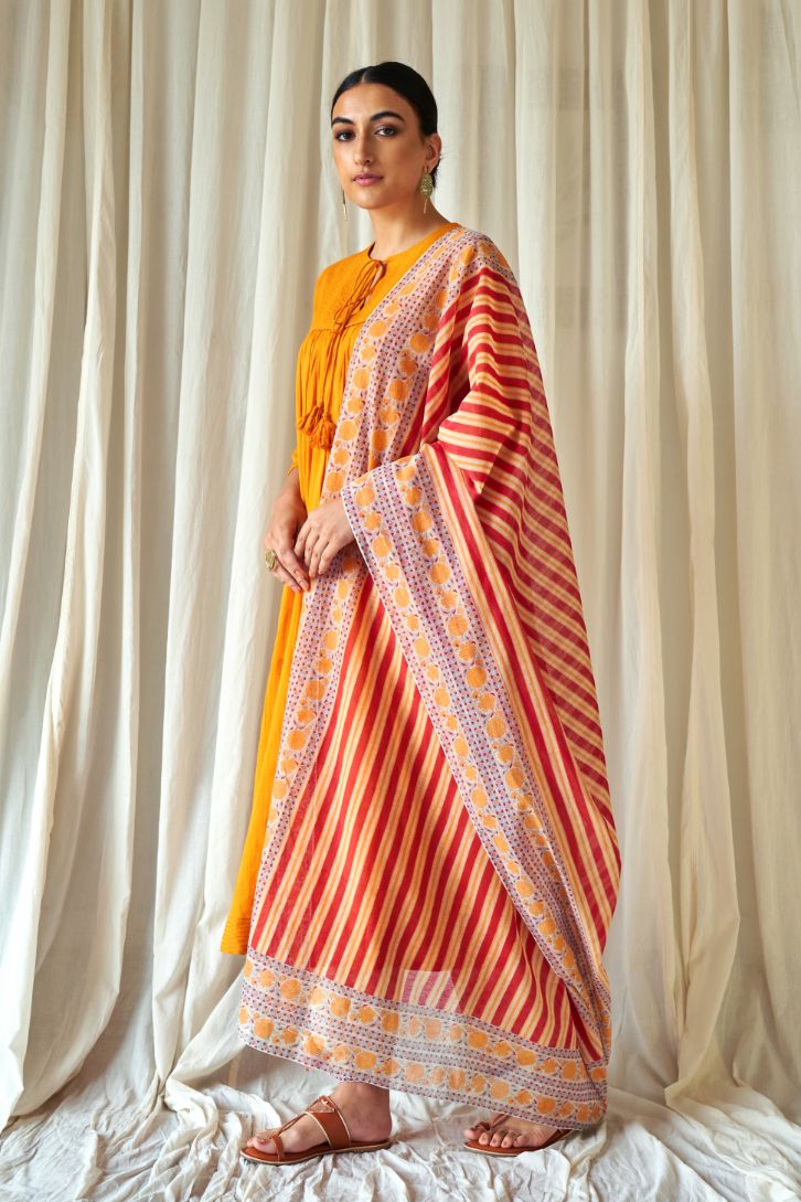 Red and yellow hand block printed cotton chanderi dupatta.