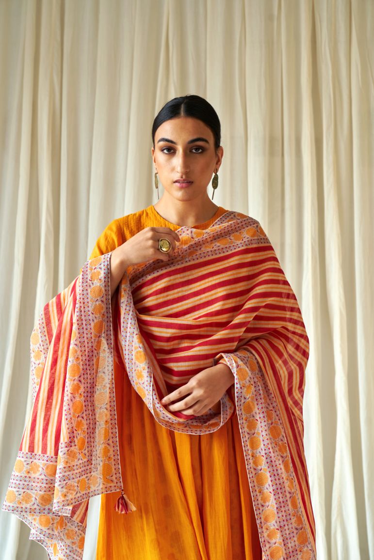 Red and yellow hand block printed cotton chanderi dupatta.