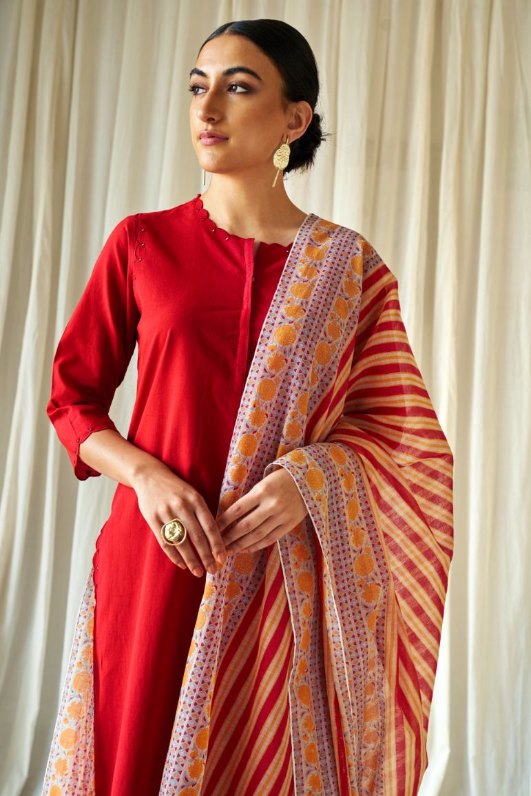 Red and yellow hand block printed cotton chanderi dupatta.