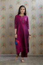 Wine hand crushed silk kurta with pulled thread embroidery, paired with hand crushed straight silk pants