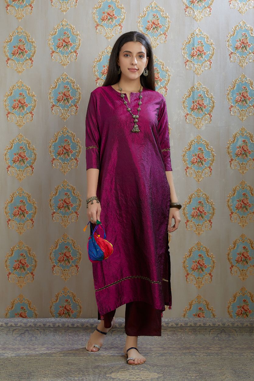 Wine hand crushed silk kurta with pulled thread embroidery, paired with hand crushed straight silk pants