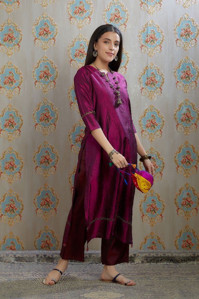 Wine hand crushed silk kurta with pulled thread embroidery, paired with hand crushed straight silk pants