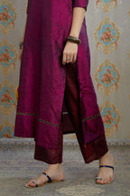 Wine hand crushed silk kurta with pulled thread embroidery, paired with hand crushed straight silk pants