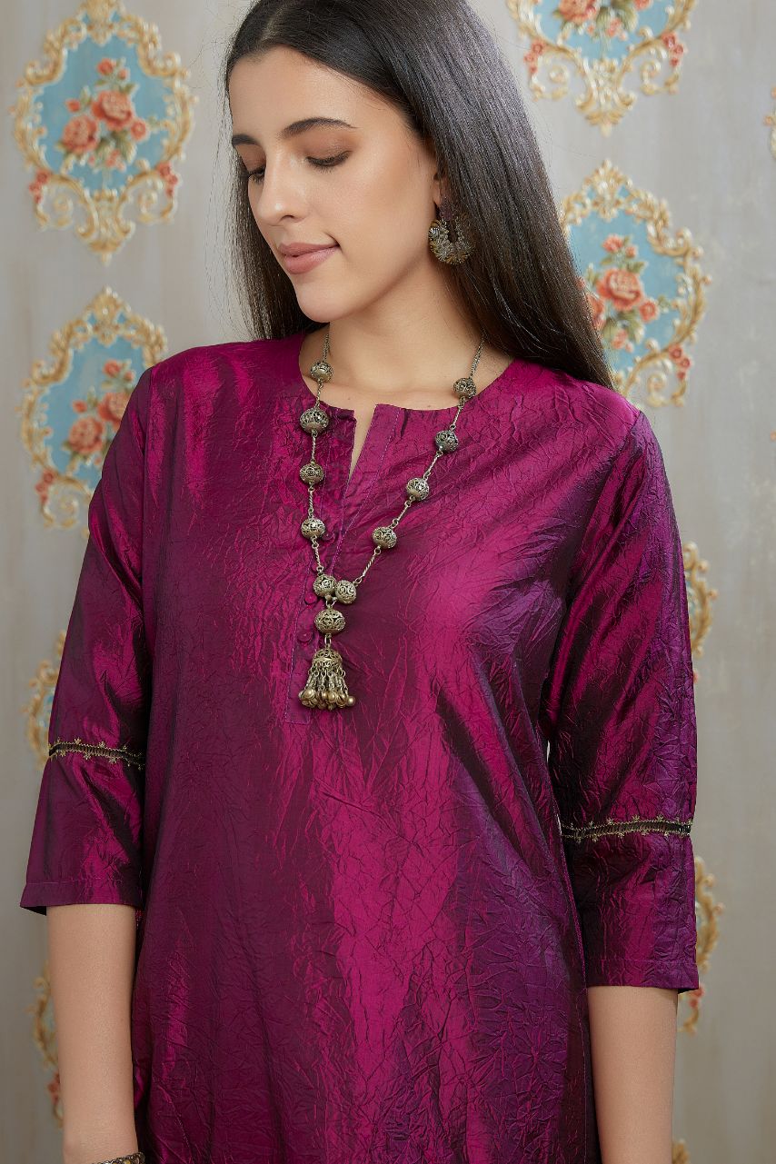 Wine hand crushed silk kurta with pulled thread embroidery, paired with hand crushed straight silk pants