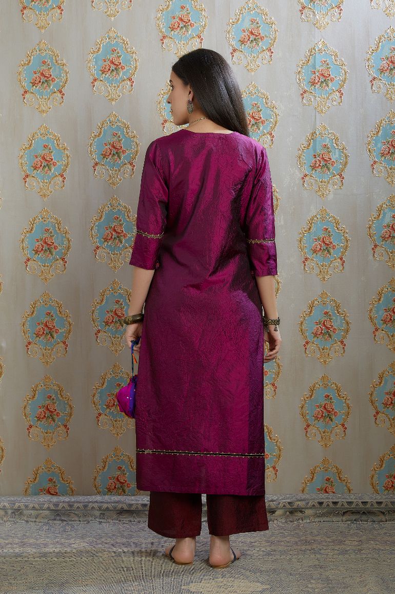 Wine hand crushed silk kurta with pulled thread embroidery, paired with hand crushed straight silk pants