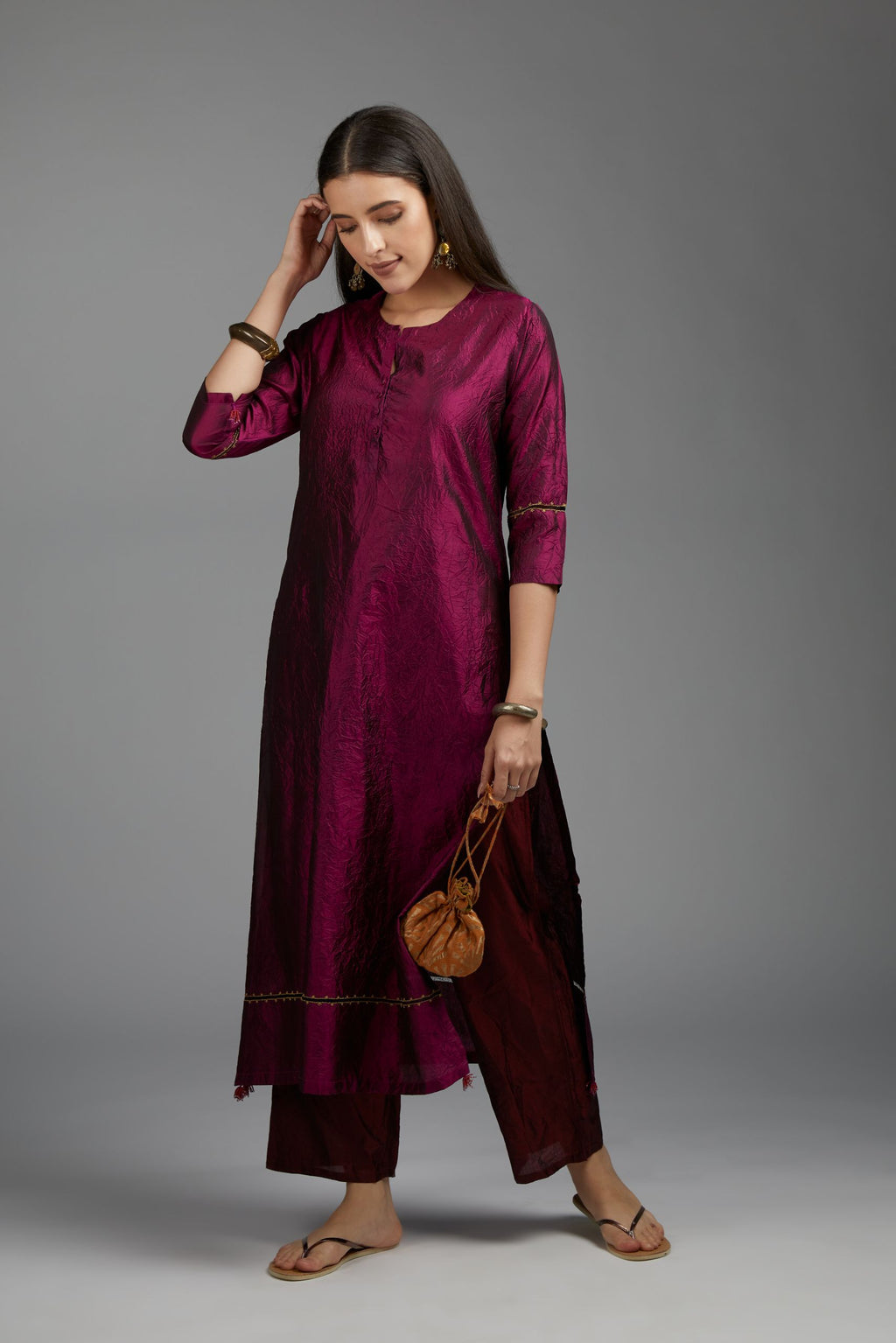 Wine hand crushed silk kurta set with pulled thread embroidery
