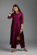 Wine hand crushed silk kurta set with pulled thread embroidery