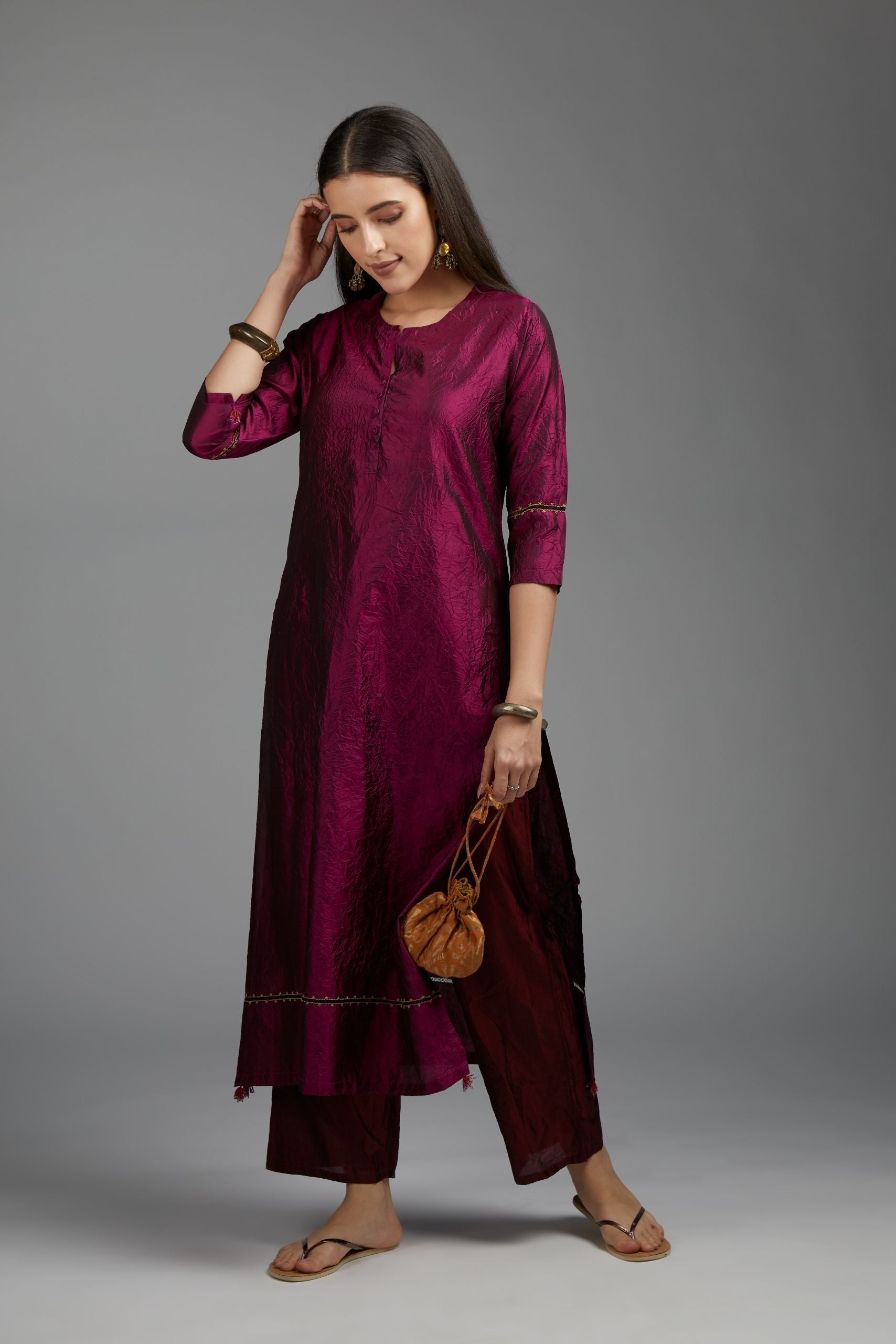 Wine hand crushed silk kurta set with pulled thread embroidery