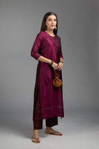 Wine hand crushed silk kurta set with pulled thread embroidery