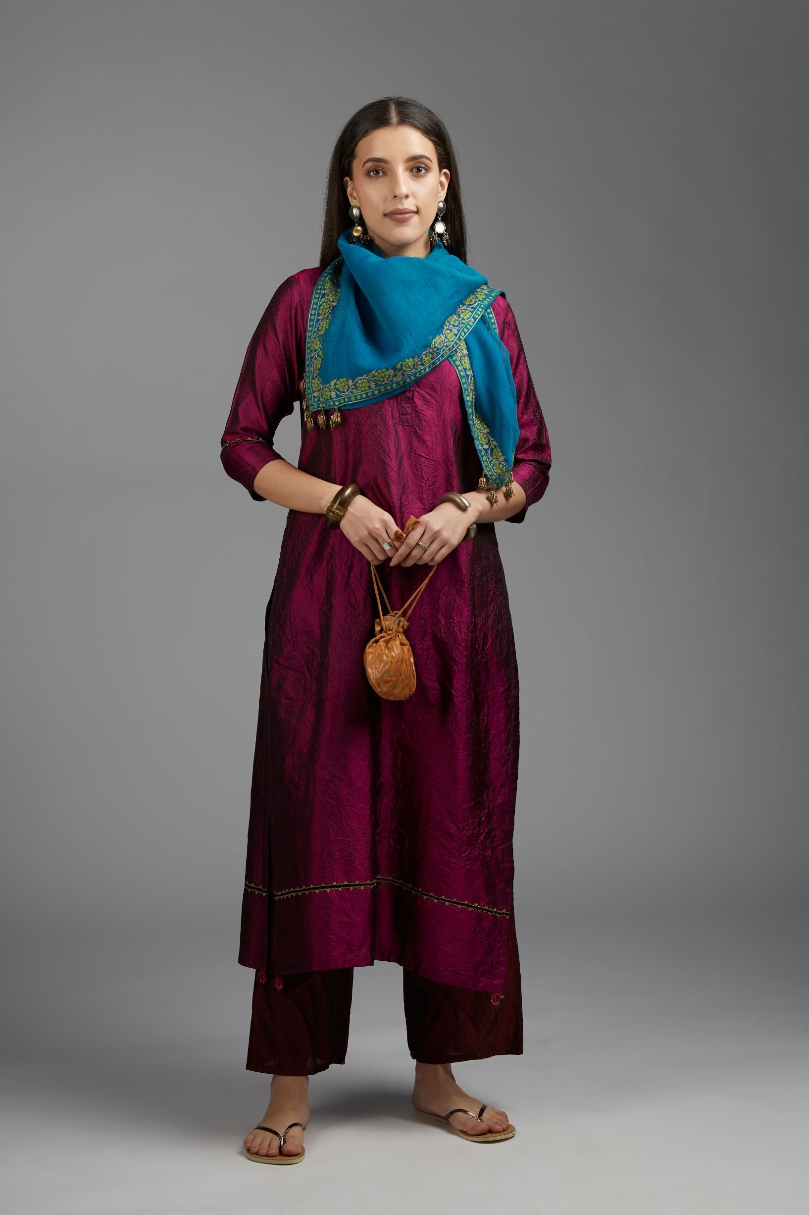 Wine hand crushed silk kurta set with pulled thread embroidery