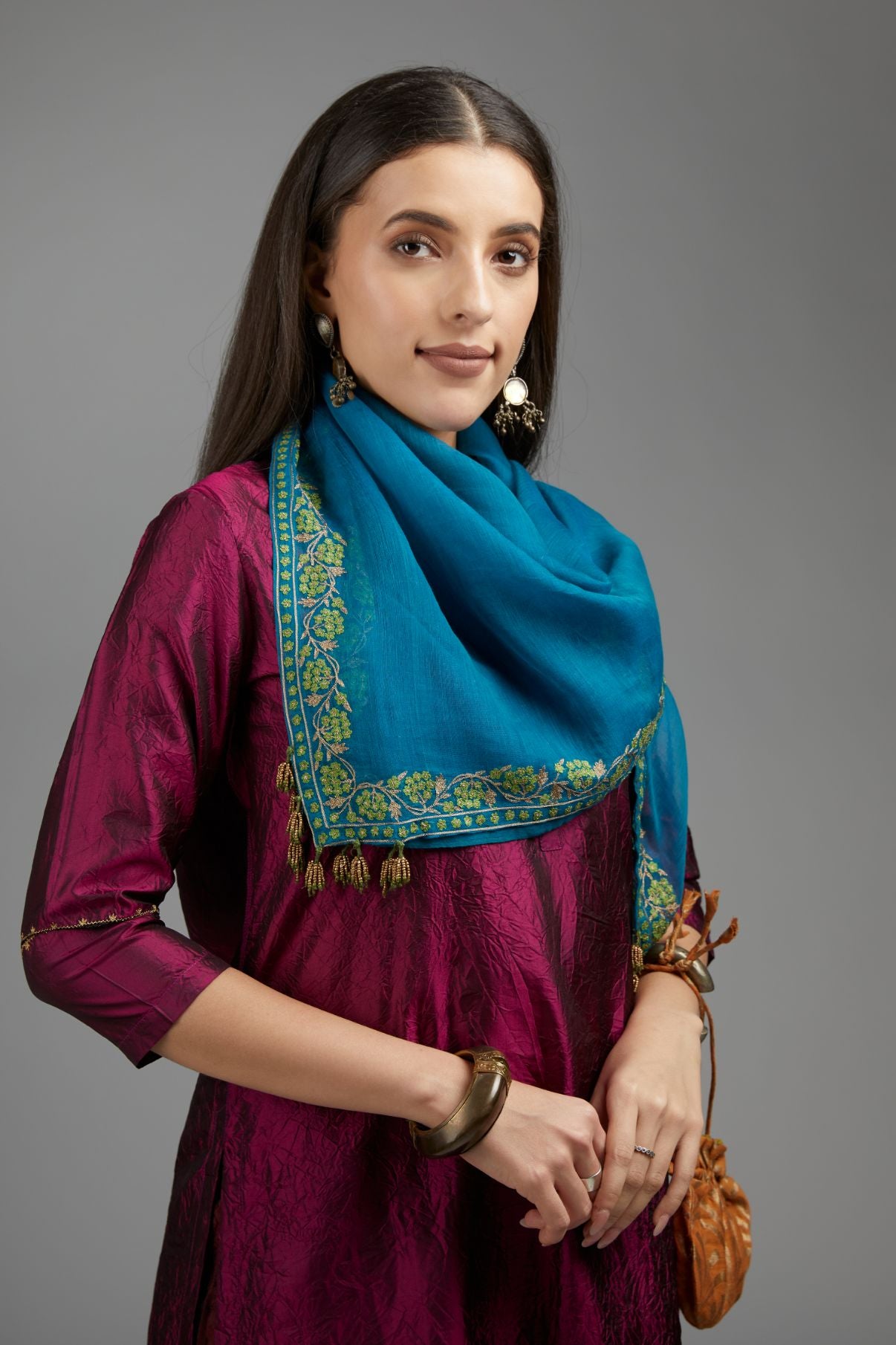 Wine hand crushed silk kurta set with pulled thread embroidery