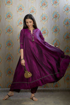 Asymmetric hem aubergin hand crushed silk kurta set with pulled thread embroidery