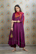 Asymmetric hem aubergin hand crushed silk kurta set with pulled thread embroidery