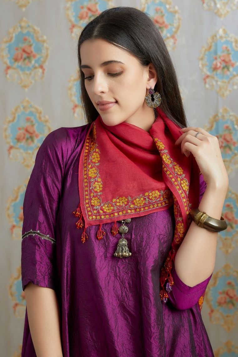 Asymmetric hem aubergin hand crushed silk kurta set with pulled thread embroidery