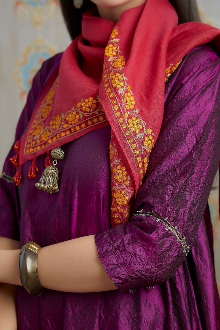 Asymmetric hem aubergin hand crushed silk kurta set with pulled thread embroidery