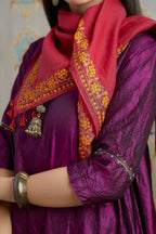 Asymmetric hem aubergin hand crushed silk kurta set with pulled thread embroidery