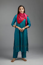 Teal blue hand crushed silk kurta set with pin tucks at placket, highlighted with pulled thread embroidery