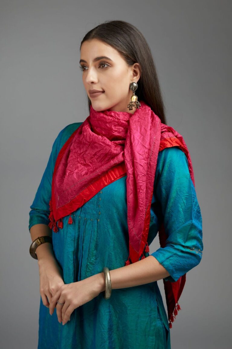 Teal blue hand crushed silk kurta set with pin tucks at placket, highlighted with pulled thread embroidery