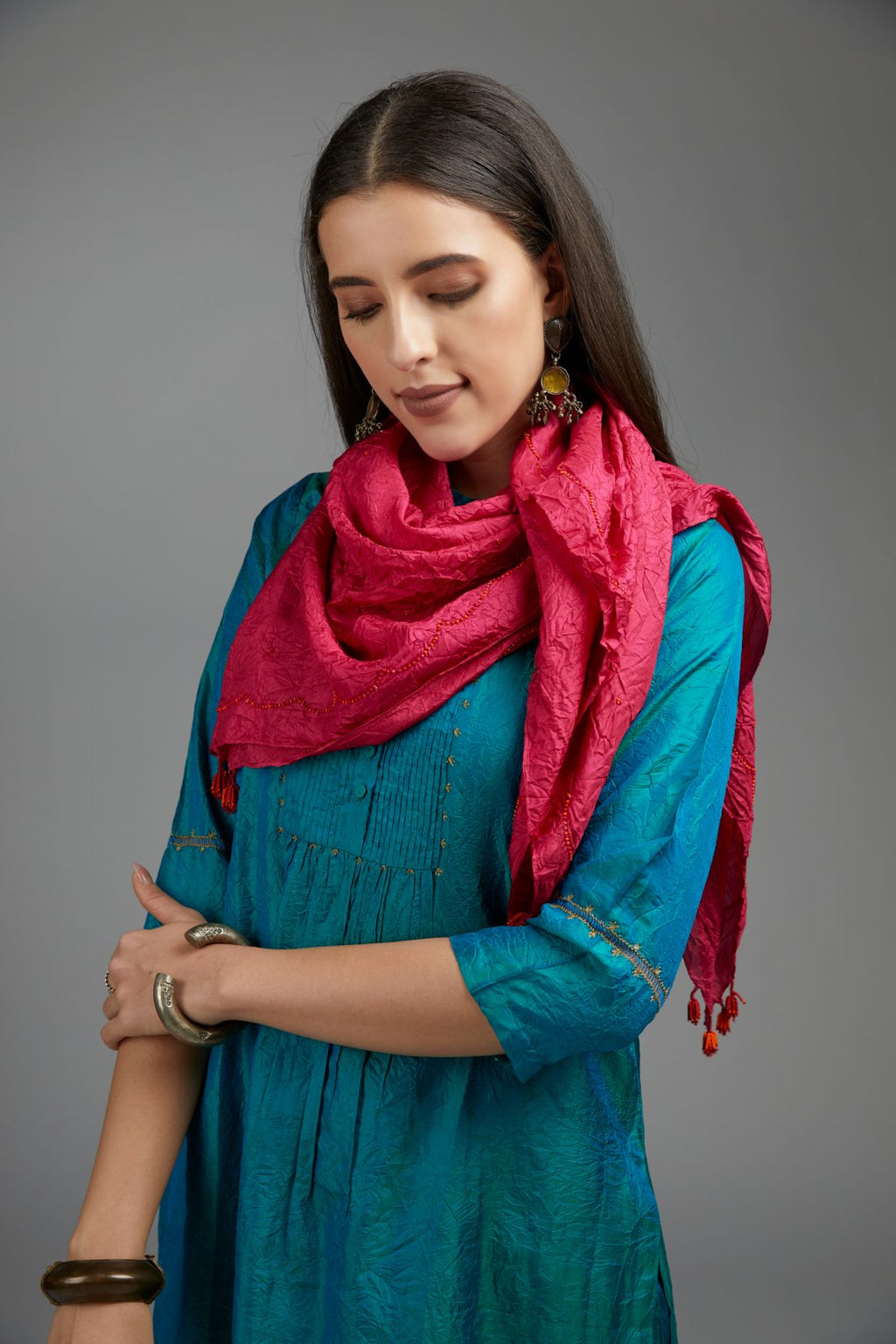 Hand crushed silk scarf with multi beaded scalloped hand work