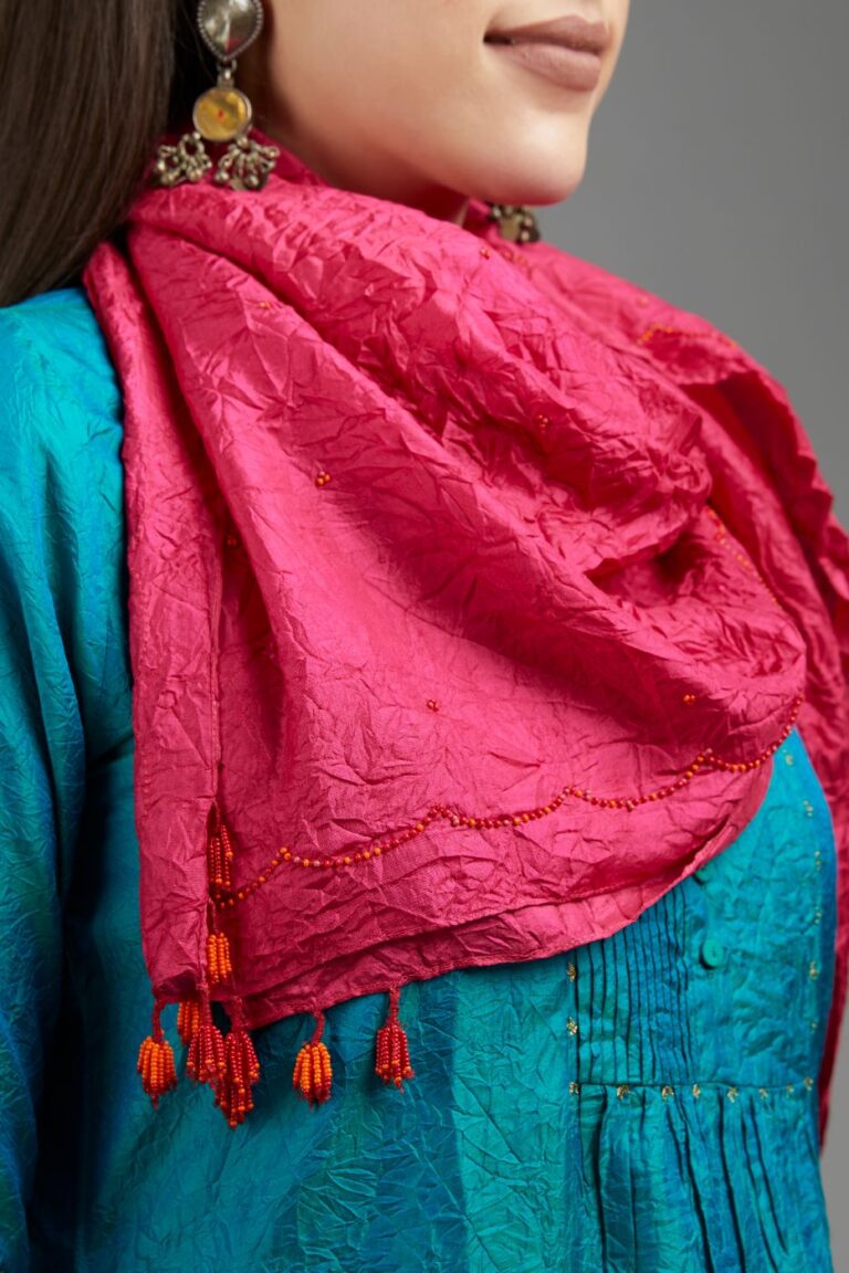Hand crushed silk scarf with multi beaded scalloped hand work