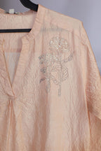 Peach straight silk crushed kurta set with block print and embellishment