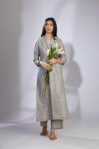 Hand crushed grey block printed kurta set with embroidery, quilting and sequins highlights