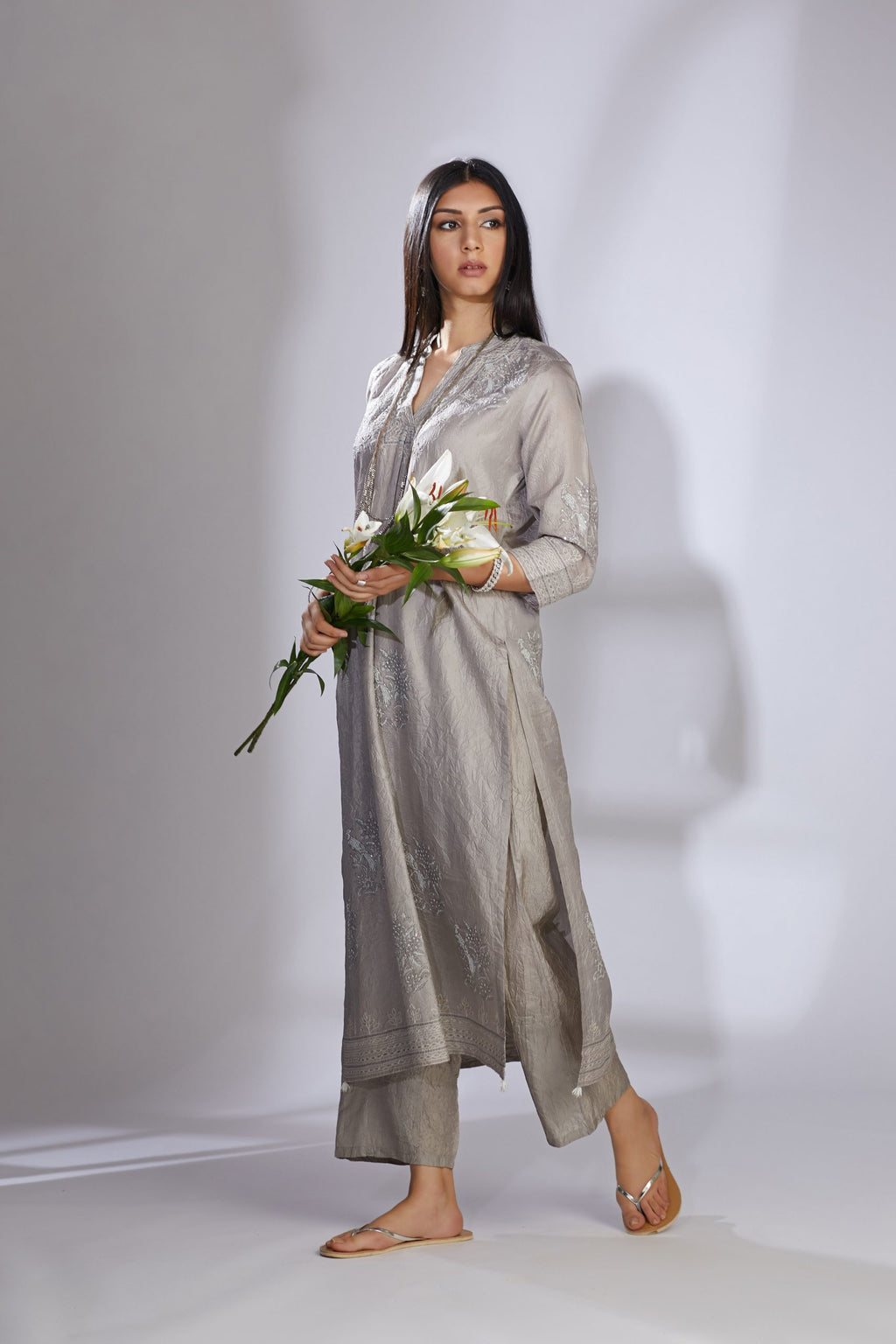 Hand crushed grey block printed kurta set with embroidery, quilting and sequins highlights