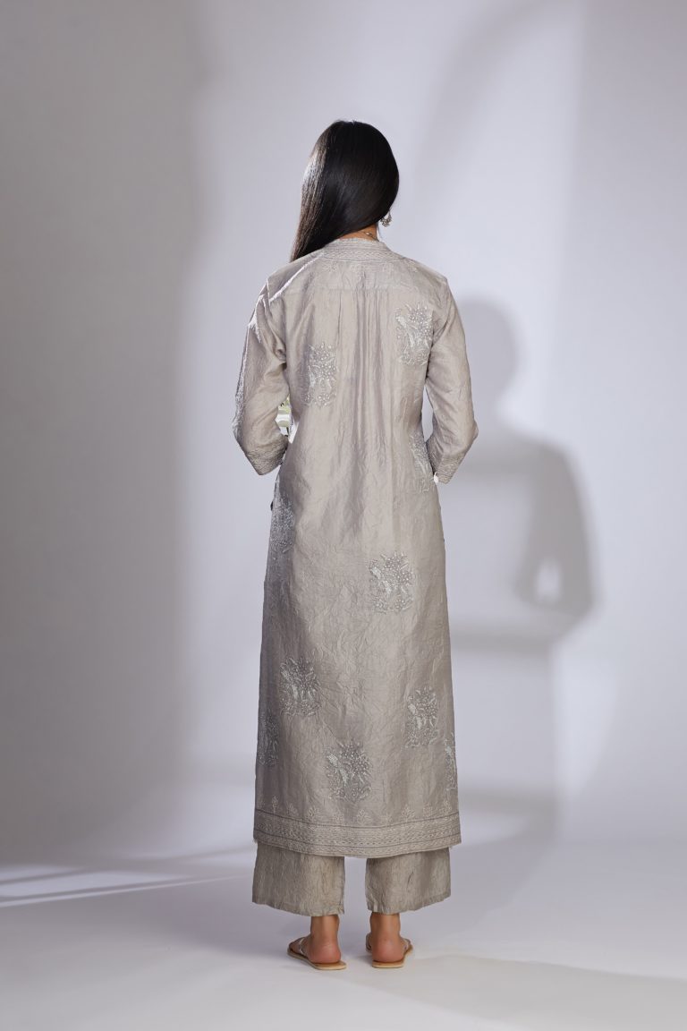 Hand crushed grey block printed kurta set with embroidery, quilting and sequins highlights
