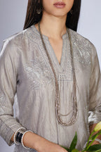 Hand crushed grey block printed kurta set with embroidery, quilting and sequins highlights