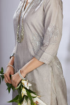 Hand crushed grey block printed kurta set with embroidery, quilting and sequins highlights