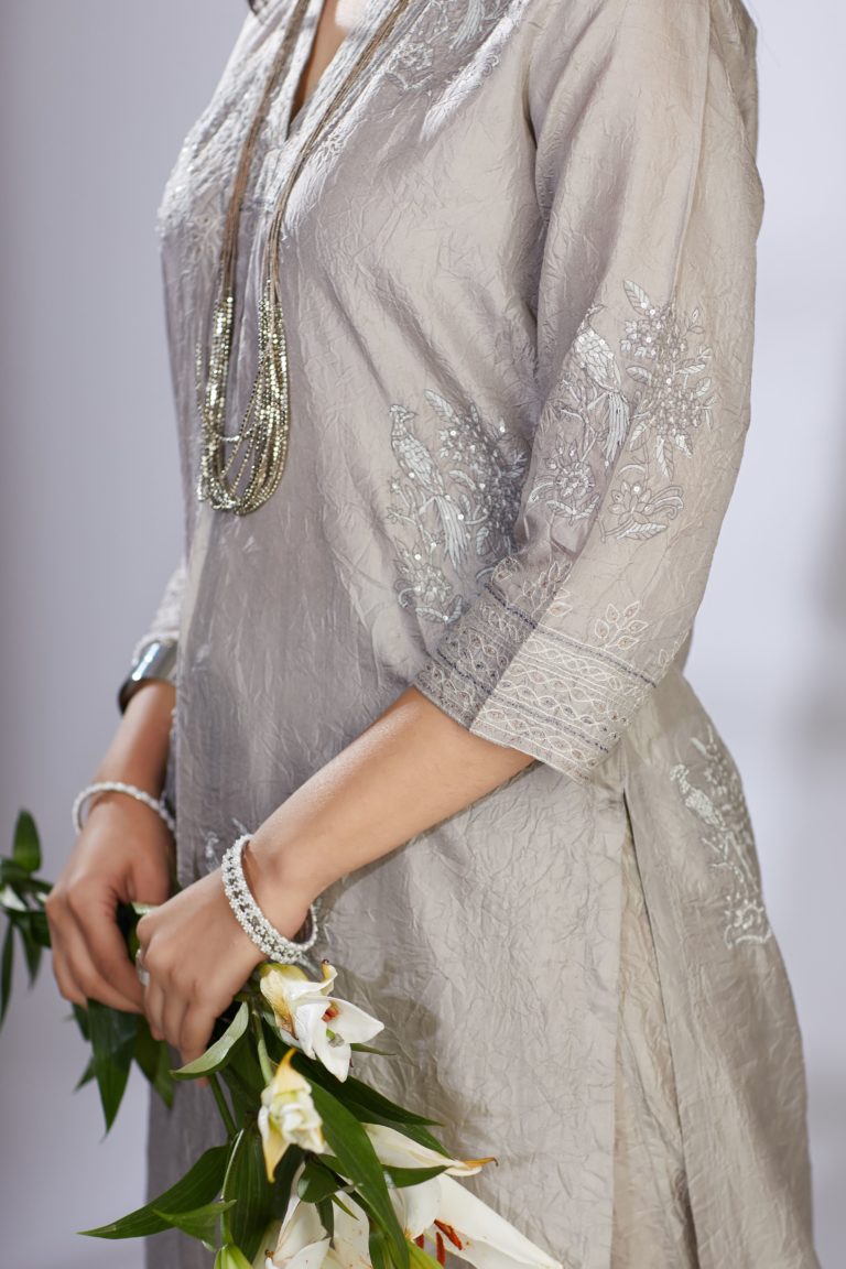 Hand crushed grey block printed kurta set with embroidery, quilting and sequins highlights