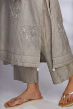 Hand crushed grey block printed kurta set with embroidery, quilting and sequins highlights