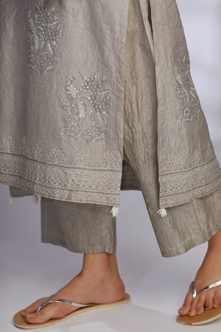 Hand crushed grey block printed kurta set with embroidery, quilting and sequins highlights