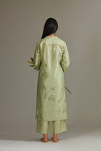 Apple Green straight silk crushed kurta set with block print and embellishment