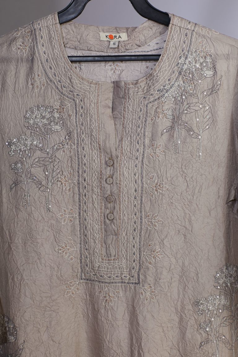 Grey hand crushed silk block printed, embroidered straight kurta set with placket