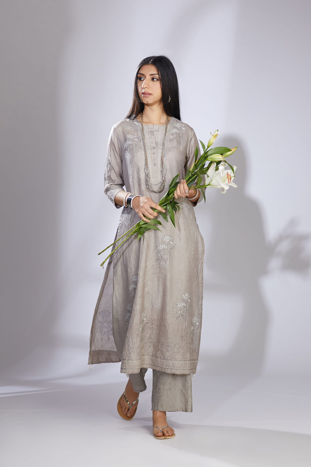 Grey hand crushed silk block printed, embroidered straight kurta set with placket
