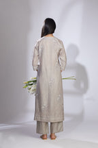 Grey hand crushed silk block printed, embroidered straight kurta set with placket