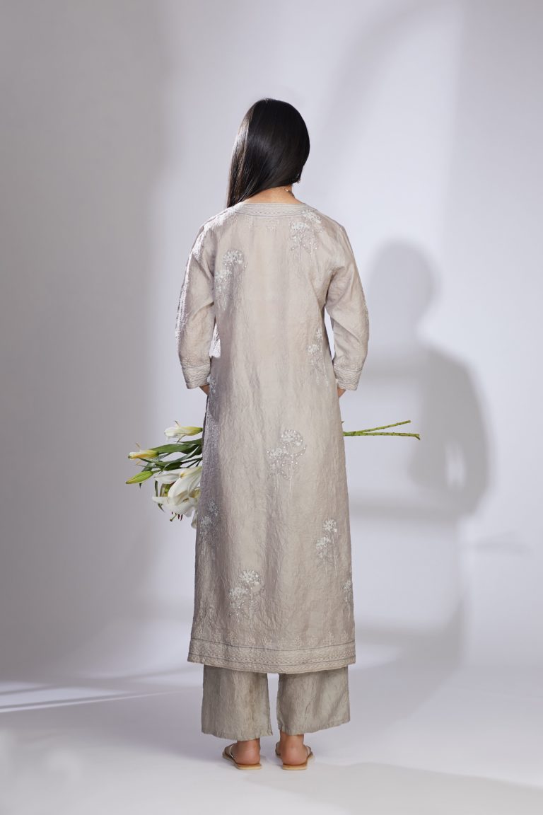 Grey hand crushed silk block printed, embroidered straight kurta set with placket