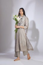Grey hand crushed silk block printed, embroidered straight kurta set with placket