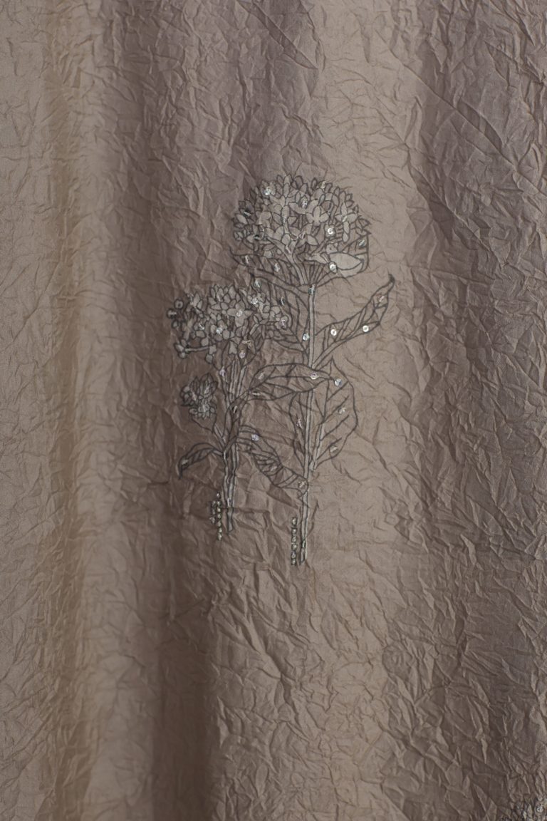 Grey hand crushed silk block printed, embroidered straight kurta set with placket