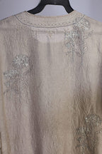 Grey hand crushed silk block printed, embroidered straight kurta set with placket